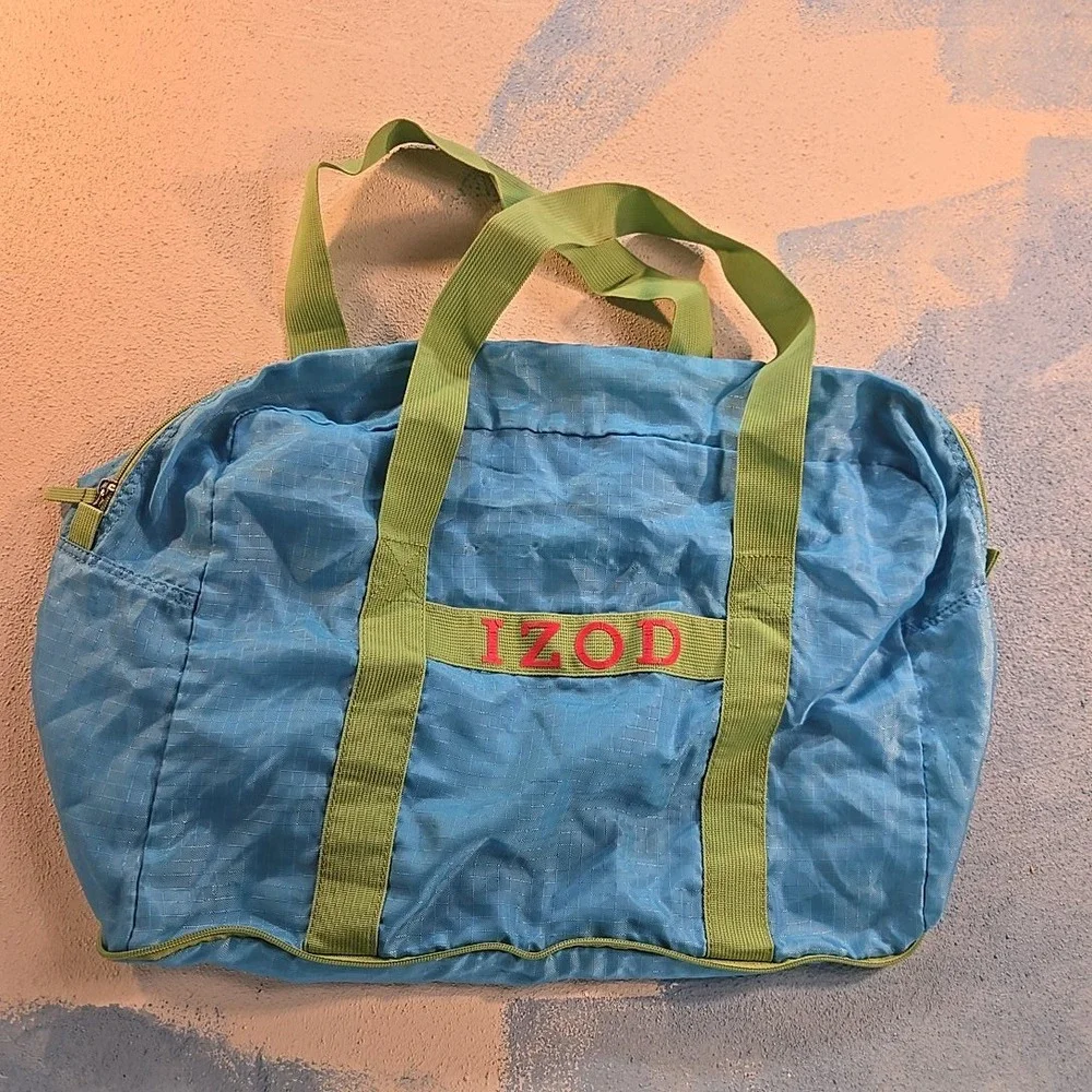 IZOD Unisex Packable Duffle Bag Blue Green Handle Foldaway Weekender Travel Tote
